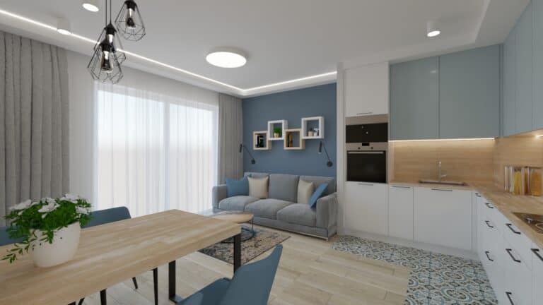 Architekt Wnętrz Warszawa ➜ Gdańsk ➜ PROJEKTY Wnętrz Warszawa Mazowieckie ➜ projekty wnętrz,metamorfoza wnętrz,aranżacja kuchni z salonem zdjęcia,projektant łazienek,architekt wnętrz Kuchnia otwarta na niebieski salon