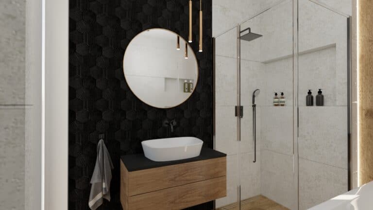 Architekt Wnętrz Warszawa ➜ Gdańsk ➜ PROJEKTY Wnętrz Warszawa Mazowieckie ➜ projekty wnętrz,metamorfoza wnętrz,aranżacja kuchni z salonem zdjęcia,projektant łazienek,architekt wnętrz Łazienka czarna ściana i okrągłe lustro