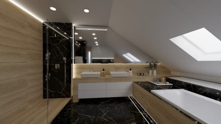 Architekt Wnętrz Warszawa ➜ Gdańsk ➜ PROJEKTY Wnętrz Warszawa Mazowieckie ➜ projekty wnętrz,metamorfoza wnętrz,aranżacja kuchni z salonem zdjęcia,projektant łazienek,architekt wnętrz Łazienka na poddaszu marmur czarny