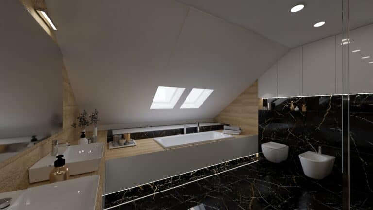 Architekt Wnętrz Warszawa ➜ Gdańsk ➜ PROJEKTY Wnętrz Warszawa Mazowieckie ➜ projekty wnętrz,metamorfoza wnętrz,aranżacja kuchni z salonem zdjęcia,projektant łazienek,architekt wnętrz Poddasze łazienka z czarnym marmurem