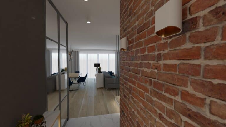 Architekt Wnętrz Warszawa ➜ Gdańsk ➜ PROJEKTY Wnętrz Warszawa Mazowieckie ➜ projekty wnętrz,metamorfoza wnętrz,aranżacja kuchni z salonem zdjęcia,projektant łazienek,architekt wnętrz Salon z ceglaną ścianą TV