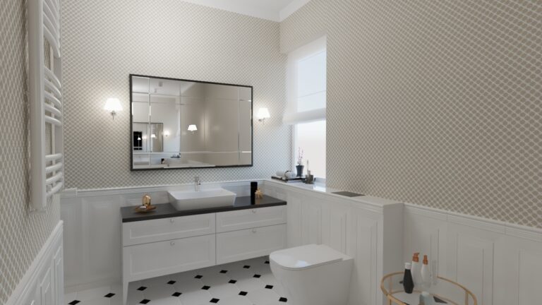 Architekt Wnętrz Warszawa ➜ Gdańsk ➜ PROJEKTY Wnętrz Warszawa Mazowieckie ➜ projekty wnętrz,metamorfoza wnętrz,aranżacja kuchni z salonem zdjęcia,projektant łazienek,architekt wnętrz Łazienka beżowa z czarno-białą podłogą