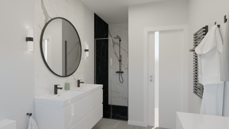 Architekt Wnętrz Warszawa ➜ Gdańsk ➜ PROJEKTY Wnętrz Warszawa Mazowieckie ➜ projekty wnętrz,metamorfoza wnętrz,aranżacja kuchni z salonem zdjęcia,projektant łazienek,architekt wnętrz Szukasz projektu łazienki? Co powiesz na połączenie czerni z kamieniem?