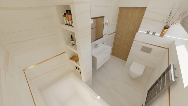Architekt Wnętrz Warszawa ➜ Gdańsk ➜ PROJEKTY Wnętrz Warszawa Mazowieckie ➜ projekty wnętrz,metamorfoza wnętrz,aranżacja kuchni z salonem zdjęcia,projektant łazienek,architekt wnętrz Łazienka połączyliśmy jasny kamień ze złotem