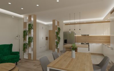 Architekt Wnętrz Warszawa ➜ Gdańsk ➜ PROJEKTY Wnętrz Warszawa Mazowieckie ➜ projekty wnętrz,metamorfoza wnętrz,aranżacja kuchni z salonem zdjęcia,projektant łazienek,architekt wnętrz Kuchnia otwarta na salon – krem, drewno i zieleń